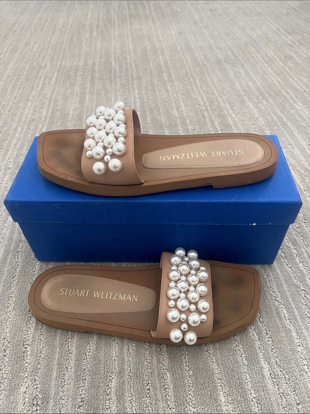 Stuart Weitzman Tan Pearl-Embellished Slide Sandals